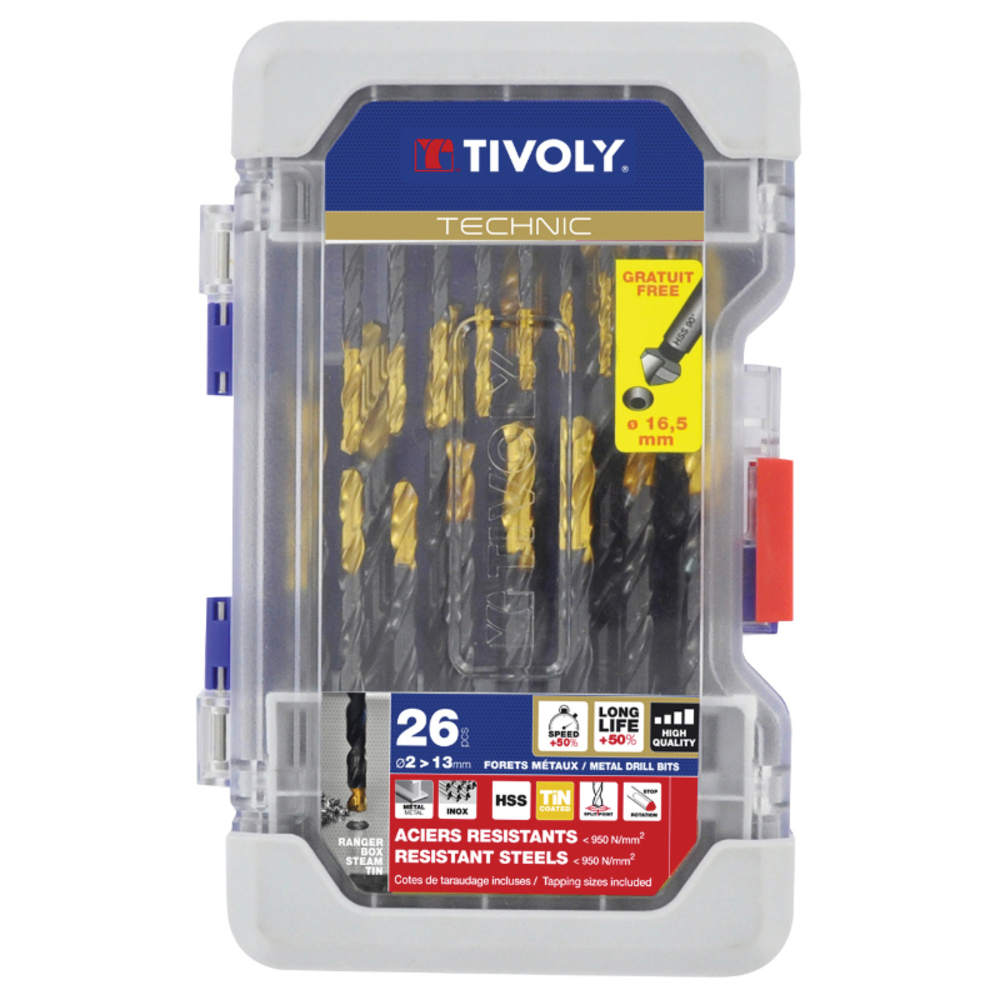 26 pièces -25 forets HSS STEAM revêtus TiN taillés meulés pointe en croix queue à 3 méplats Ø 2 à 13mm + 1 fraise à noyer HSS Ø 15mm TIVOLY - 11453170007