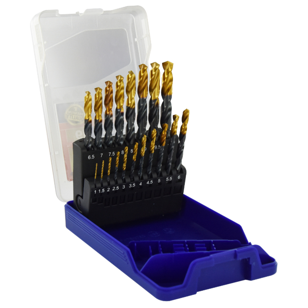 19 forets métaux HSS STEAM revêtus TiN taillés meulés pointe en croix queue à 3 méplats Ø 1 à 10mm TIVOLY - 11453170015