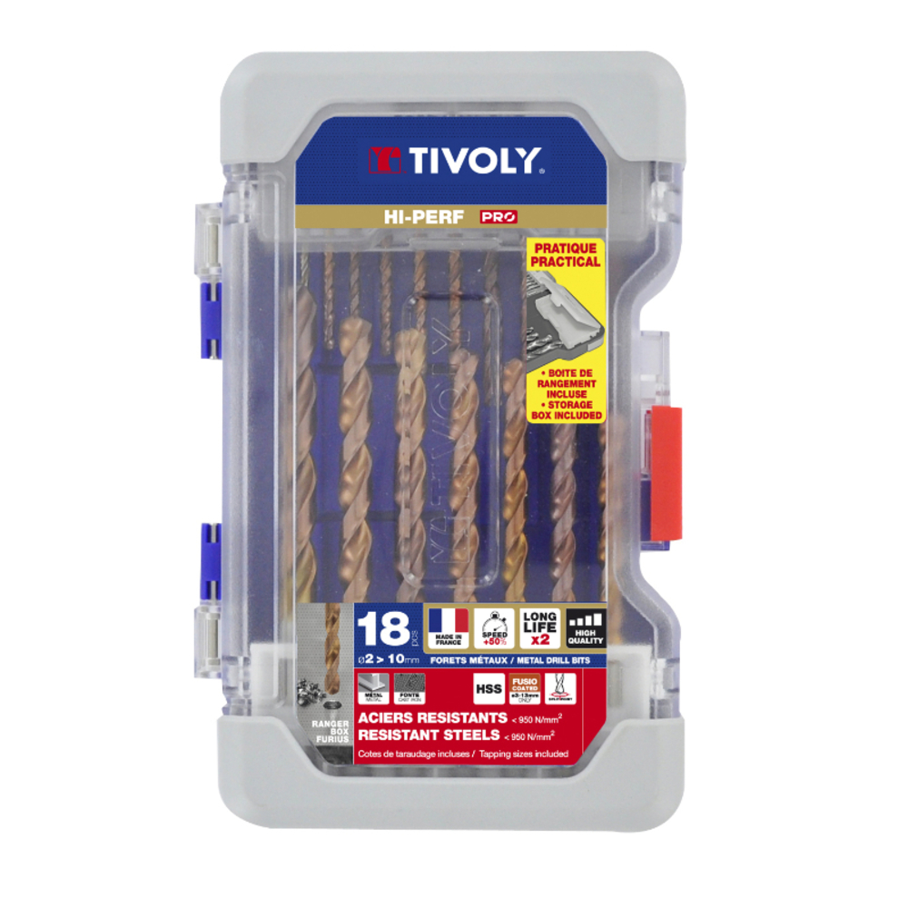 18 forets métaux FURIUS HSS revêtus FUSIO pointe en croix Ø 2 à 10mm PREMIUM TIVOLY - 11454170001