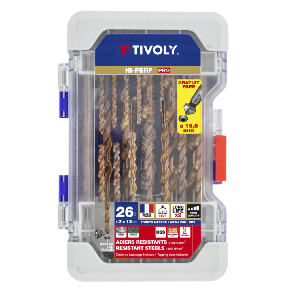 26 pièces -25 forets métaux FURIUS HSS revêtus FUSIO pointe en croix Ø 2 à 13mm + 1 fraise à noyer Ø 15mm PREMIUM TIVOLY - 11454170002