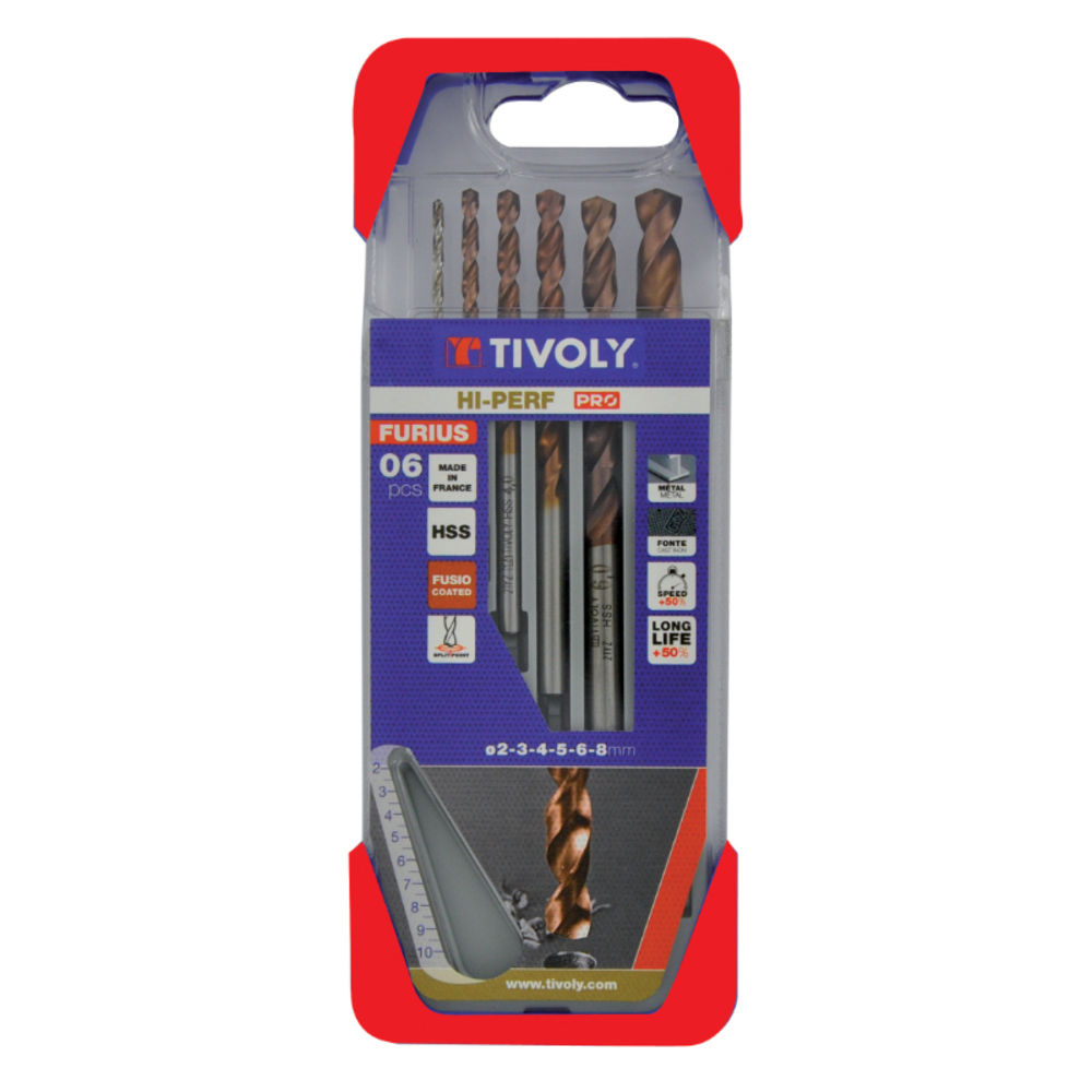 6 forets métaux FURIUS HSS revêtus FUSIO pointe en croix Ø 2 à 8mm PREMIUM TIVOLY - 11454170005