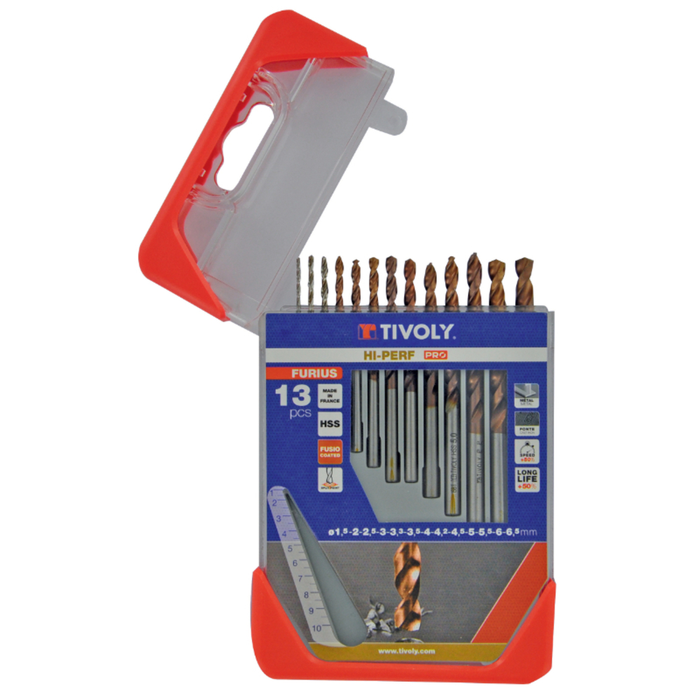 13 forets métaux FURIUS HSS revêtus FUSIO pointe en croix Ø 1,5 à 6,5mm PREMIUM TIVOLY - 11454170006