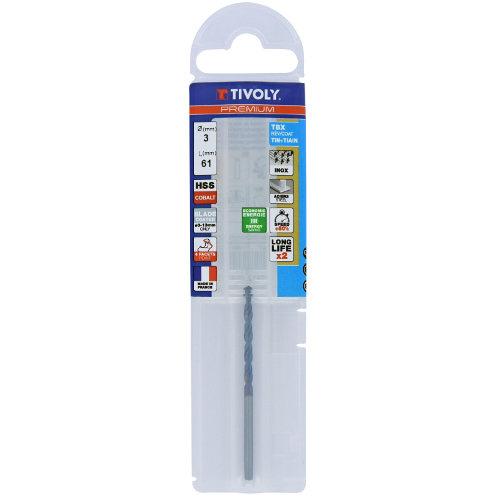 Foret métaux HSS-E5 TBX -Revêtu BLADE -DIN338 -h8 -Affûtage 4 faces Ø: 3 L: 61 TIVOLY - 11456140300