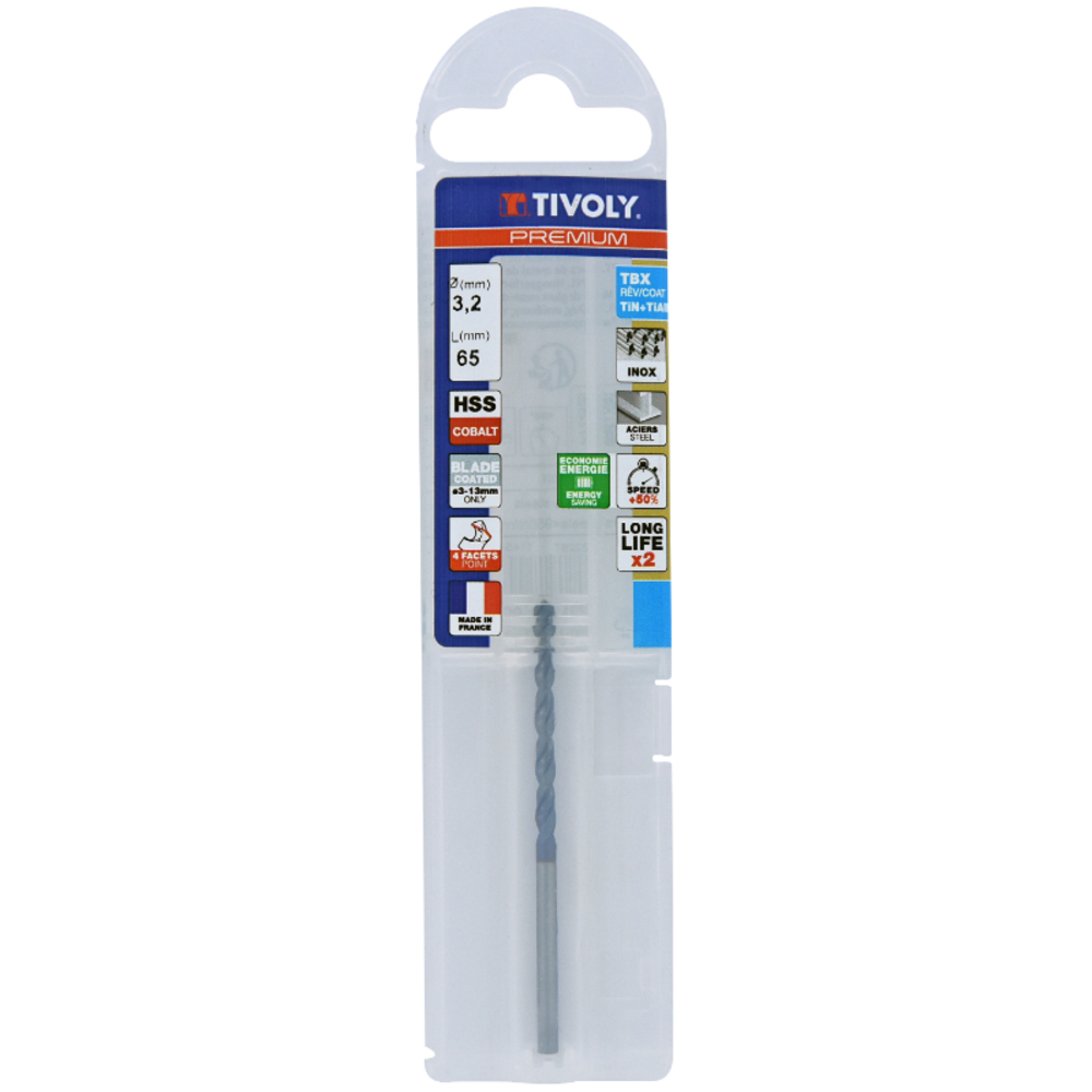 Foret métaux HSS-E5 TBX -Revêtu BLADE -DIN338 -h8 -Affûtage 4 faces Ø: 3.2 L: 65 TIVOLY - 11456140320