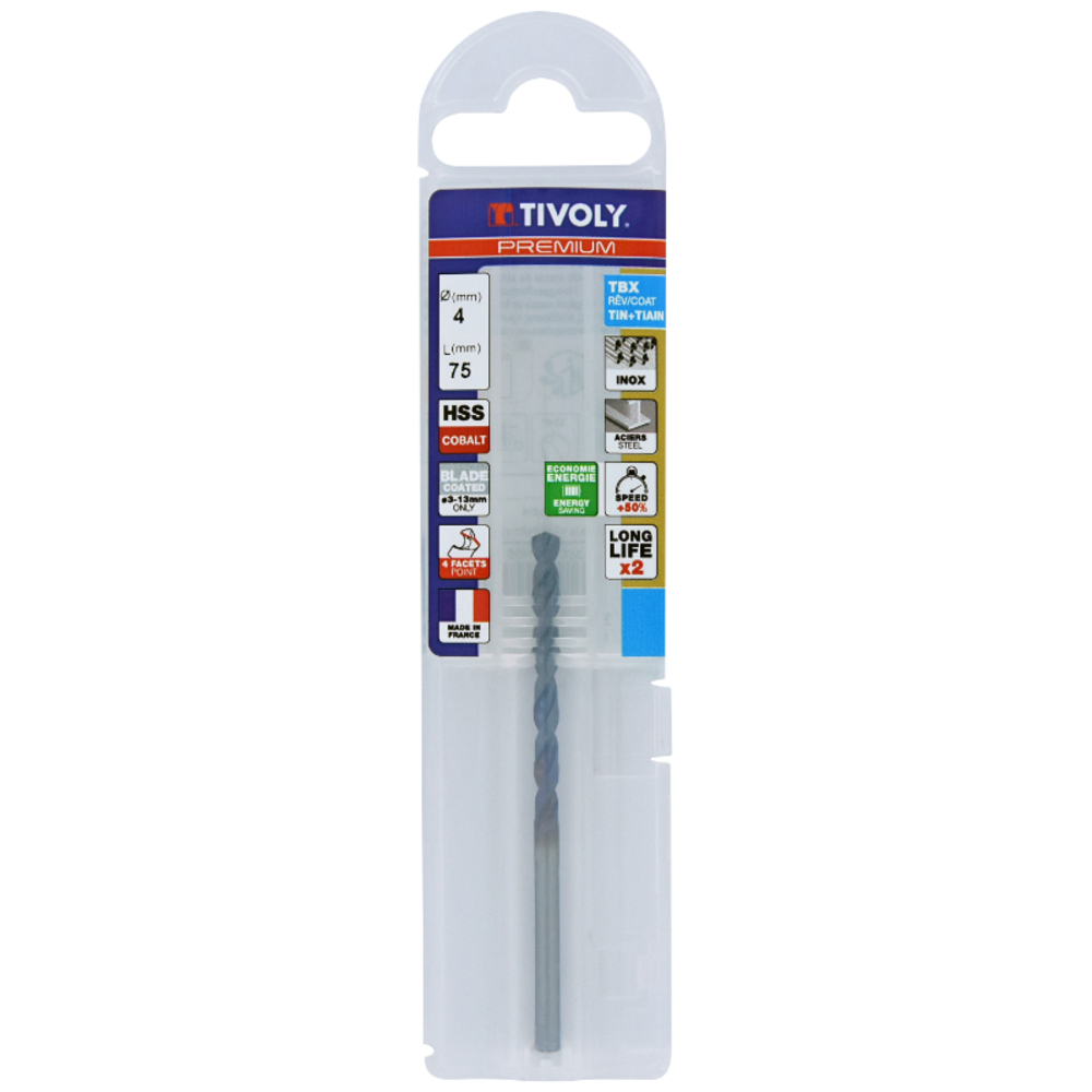 Foret métaux HSS-E5 TBX -Revêtu BLADE -DIN338 -h8 -Affûtage 4 faces Ø: 4 L: 75 TIVOLY - 11456140400