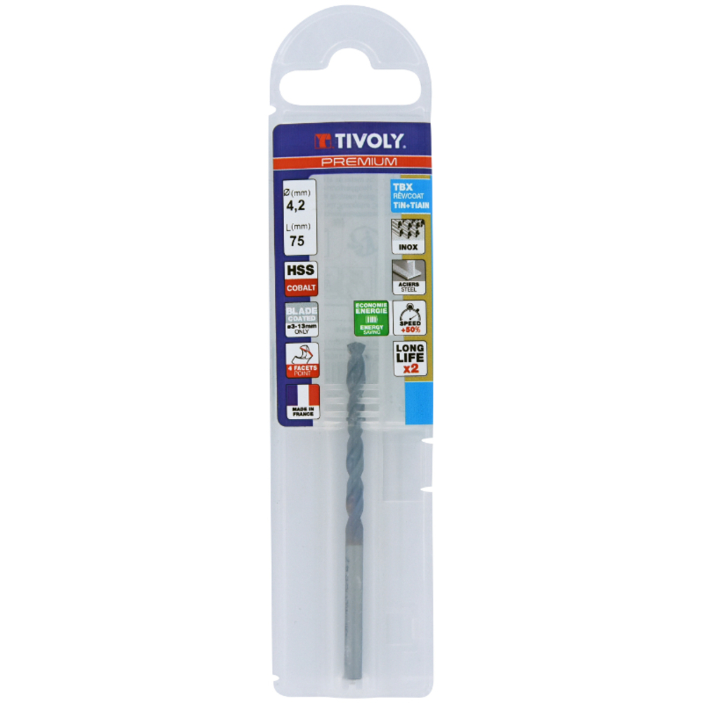 Foret métaux HSS-E5 TBX -Revêtu BLADE -DIN338 -h8 -Affûtage 4 faces Ø: 4.2 L: 75 TIVOLY - 11456140420