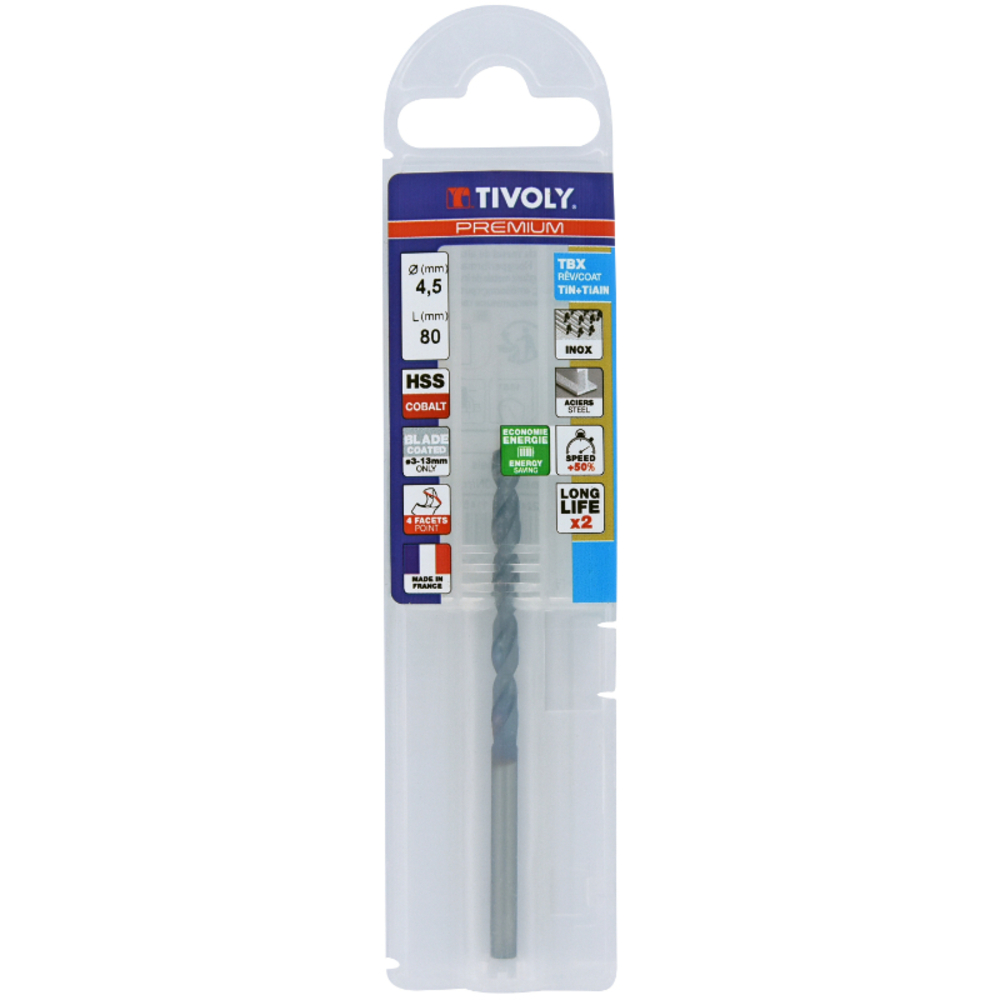 Foret métaux HSS-E5 TBX -Revêtu BLADE -DIN338 -h8 -Affûtage 4 faces Ø: 4.5 L: 80 TIVOLY - 11456140450