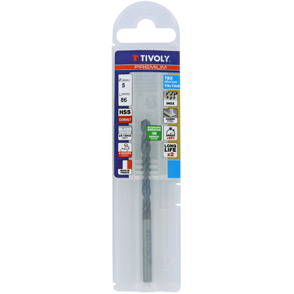 Foret métaux HSS-E5 TBX -Revêtu BLADE -DIN338 -h8 -Affûtage 4 faces Ø: 5 L: 86 TIVOLY - 11456140500