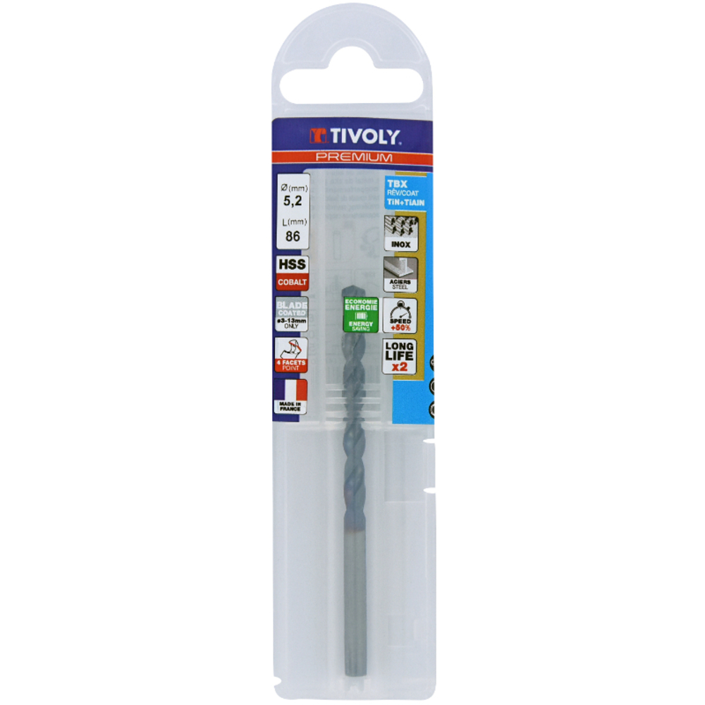 Foret métaux HSS-E5 TBX -Revêtu BLADE -DIN338 -h8 -Affûtage 4 faces Ø: 5.2 L: 86 TIVOLY - 11456140520