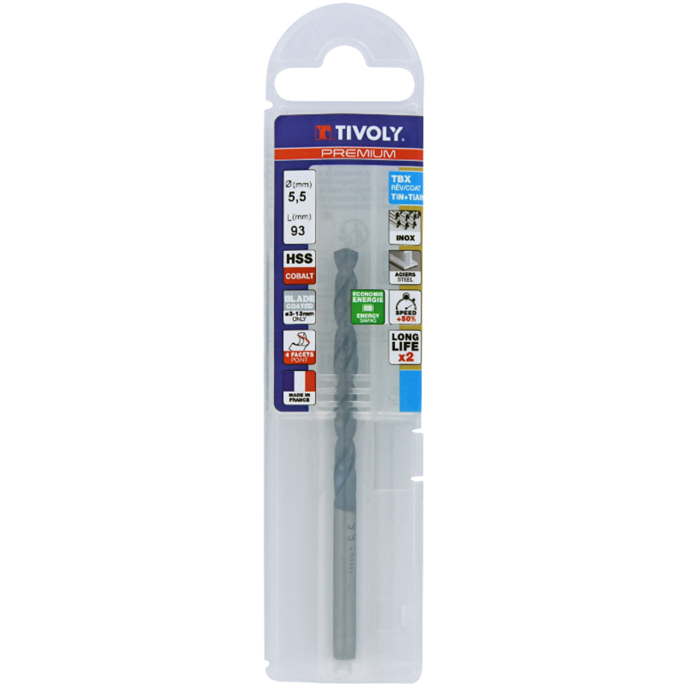 Foret métaux HSS-E5 TBX -Revêtu BLADE -DIN338 -h8 -Affûtage 4 faces Ø: 5.5 L: 93 TIVOLY - 11456140550