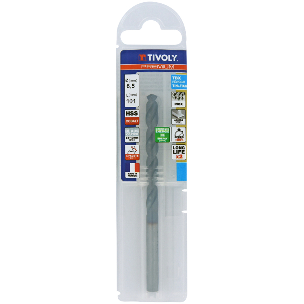Foret métaux HSS-E5 TBX -Revêtu BLADE -DIN338 -h8 -Affûtage 4 faces Ø: 6.5 L: 101 TIVOLY - 11456140650