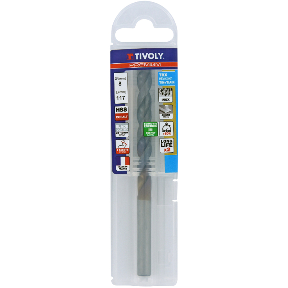 Foret métaux HSS-E5 TBX -Revêtu BLADE -DIN338 -h8 -Affûtage 4 faces Ø: 8 L: 117 TIVOLY - 11456140800