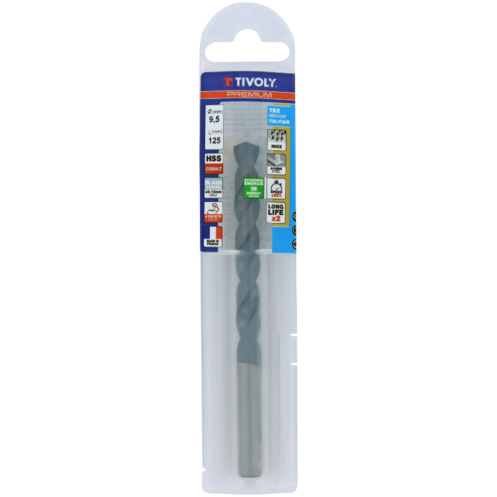Foret métaux HSS-E5 TBX -Revêtu BLADE -DIN338 -h8 -Affûtage 4 faces Ø: 9.5 L: 125 TIVOLY - 11456140950