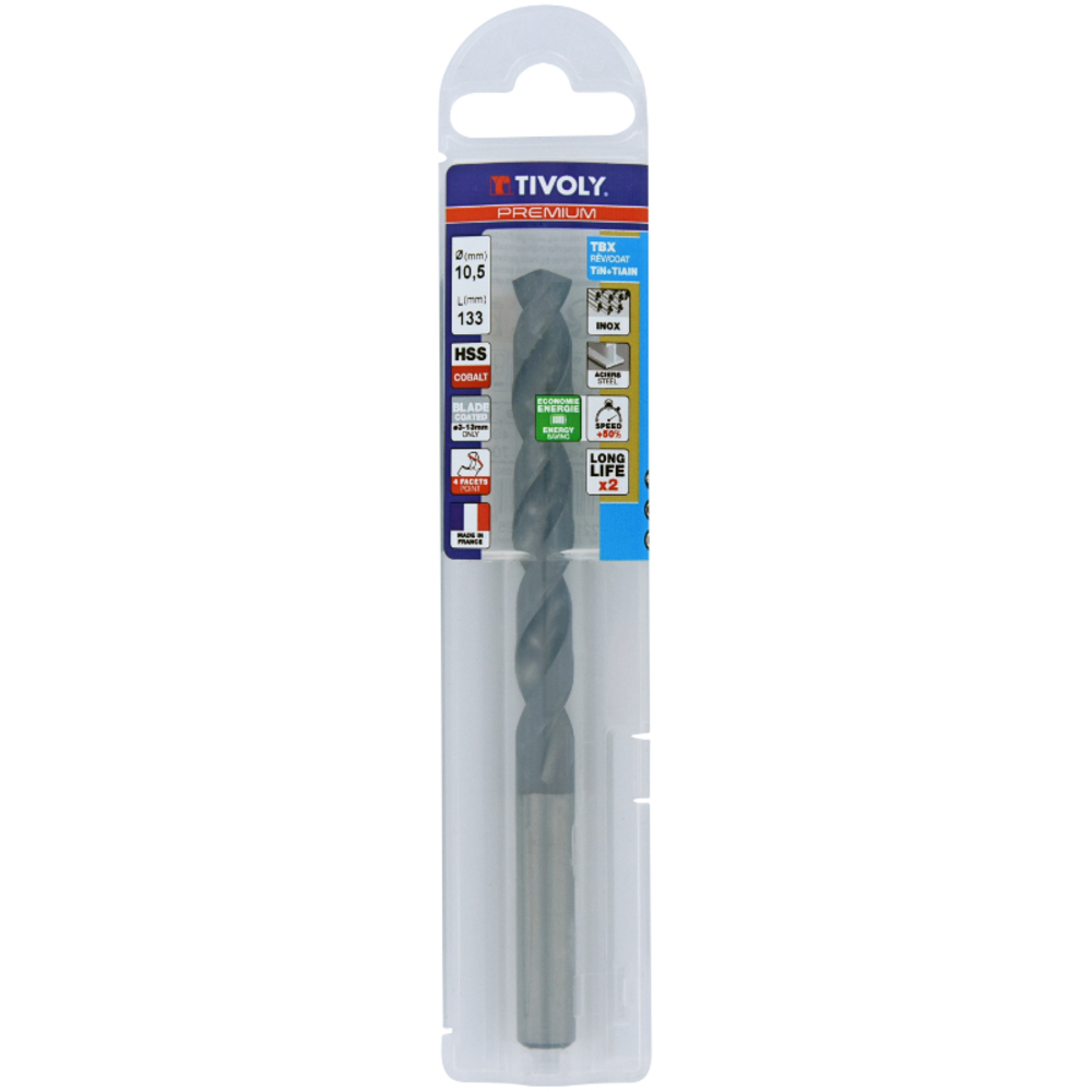 Foret métaux HSS-E5 TBX -Revêtu BLADE -DIN338 -h8 -Affûtage 4 faces Ø: 10.5 L: 133 TIVOLY - 11456141050