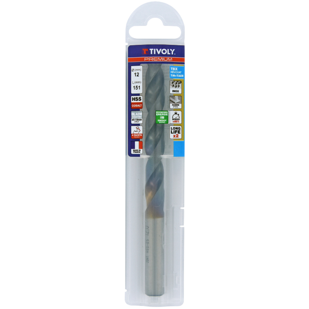 Foret métaux HSS-E5 TBX -Revêtu BLADE -DIN338 -h8 -Affûtage 4 faces Ø: 12 L: 151 TIVOLY - 11456141200