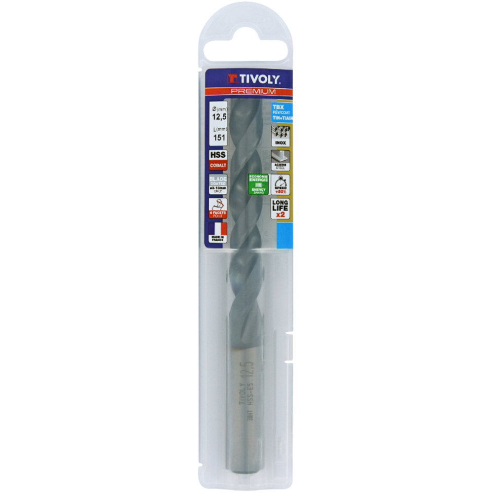 Foret métaux HSS-E5 TBX -Revêtu BLADE -DIN338 -h8 -Affûtage 4 faces Ø: 12.5 L: 151 TIVOLY - 11456141250