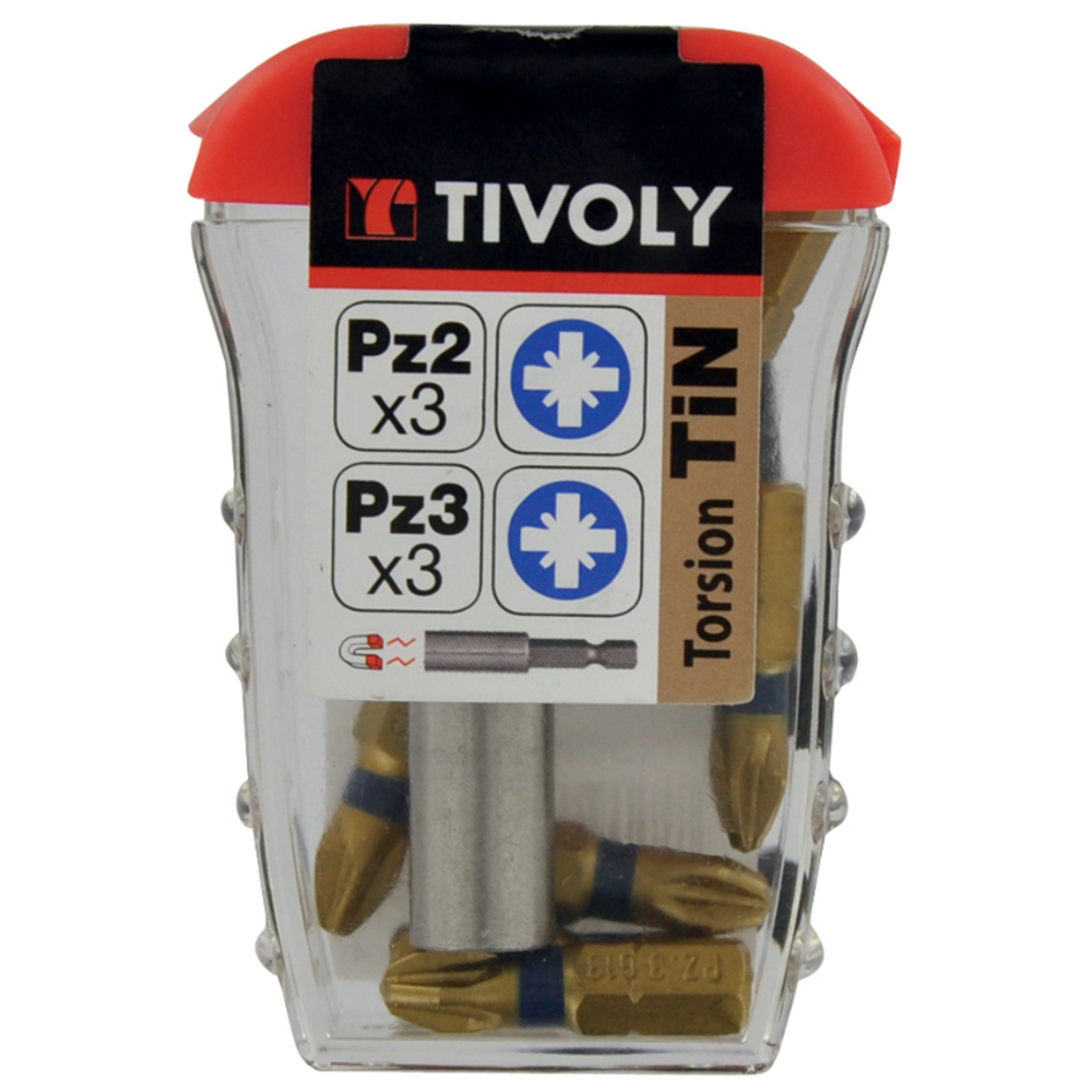 7 pièces -6 embouts torsion revêtus TiN PZ bagués + 1 porte-embout magnétique TIVOLY - 11501570035