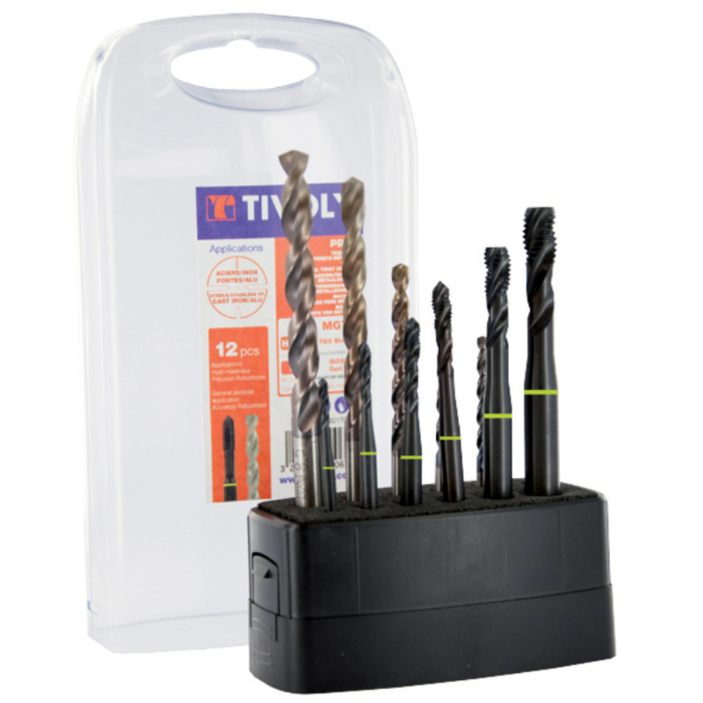 12 pièces - 6 tarauds HSSE5% cobalt Multi-applications HELICO DIN371/6 M3 à M10 + 6 forets TBX HSSE5% cobalt revêtus Blade TECHNIC TIVOLY - 11900170026
