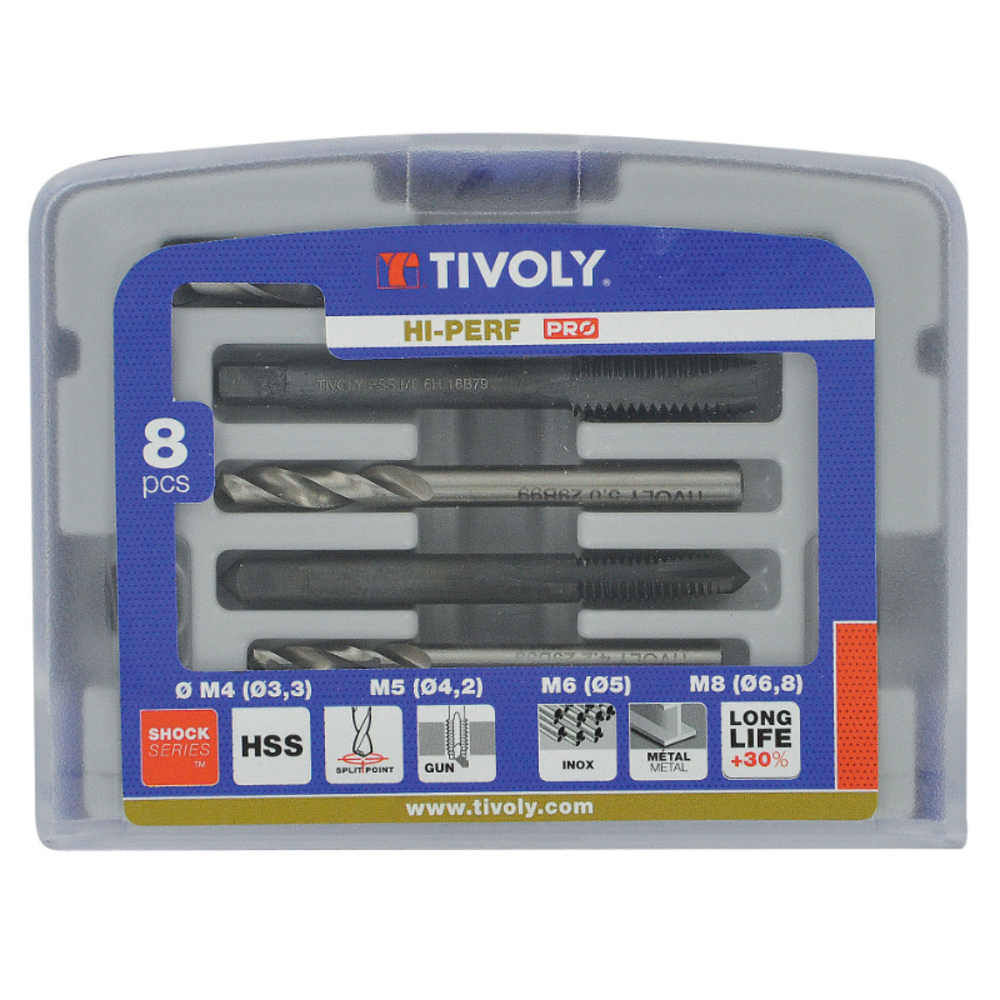 8 pièces - 4 tarauds HSS STEAM GUN DIN352 M4 à M8 + 4 forets HSS extra courts taillés meulés pointe en croix TIVOLY - 11900170033