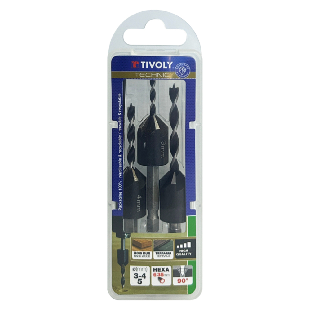 3 mèches & fraises à 90° bois queue hexagonale TIVOLY - 11900670001