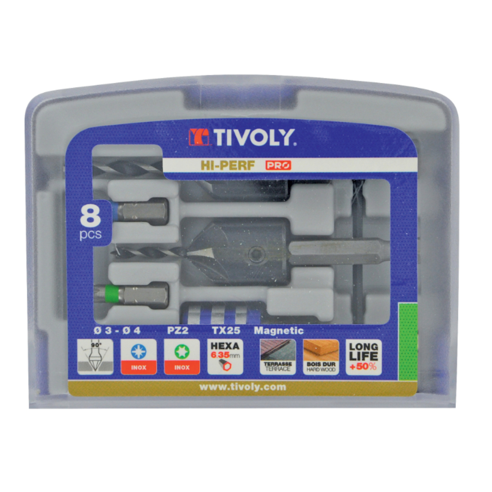 8 pièces- 2 mèches & fraises 90° bois queue hexagonale + Embouts inox + 1 porte-embout TIVOLY - 11900670002