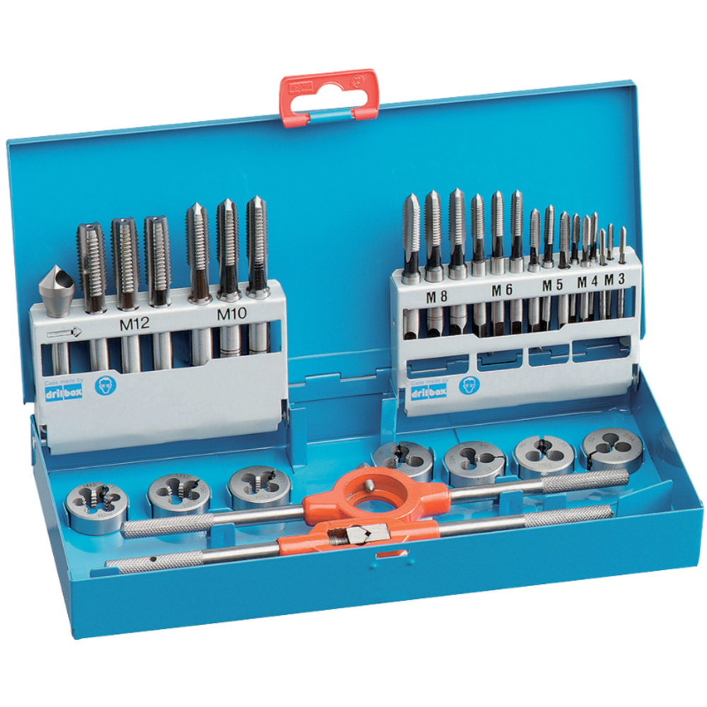 31 pièces - 7 jeux de 3 tarauds HSS DIN352 + 7 filières HSS 25,4 M3 à M12 + 1 tourne à gauche N°1,5 + 1 porte-filière 25,4 + 1 fraise à ébavurer HSS TECHNIC TIVOLY - 11900870001