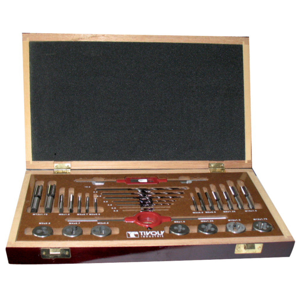 30 pièces - 7 jeux de 2 tarauds HSS DIN352 + 7 filières HSS M3 à M12 + 1 tourne à gauche N°1,5 + 1 porte-filière 25,4 + 7 forets HSS FURIUS revêtus Fusio TECHNIC TIVOLY - 11900870003