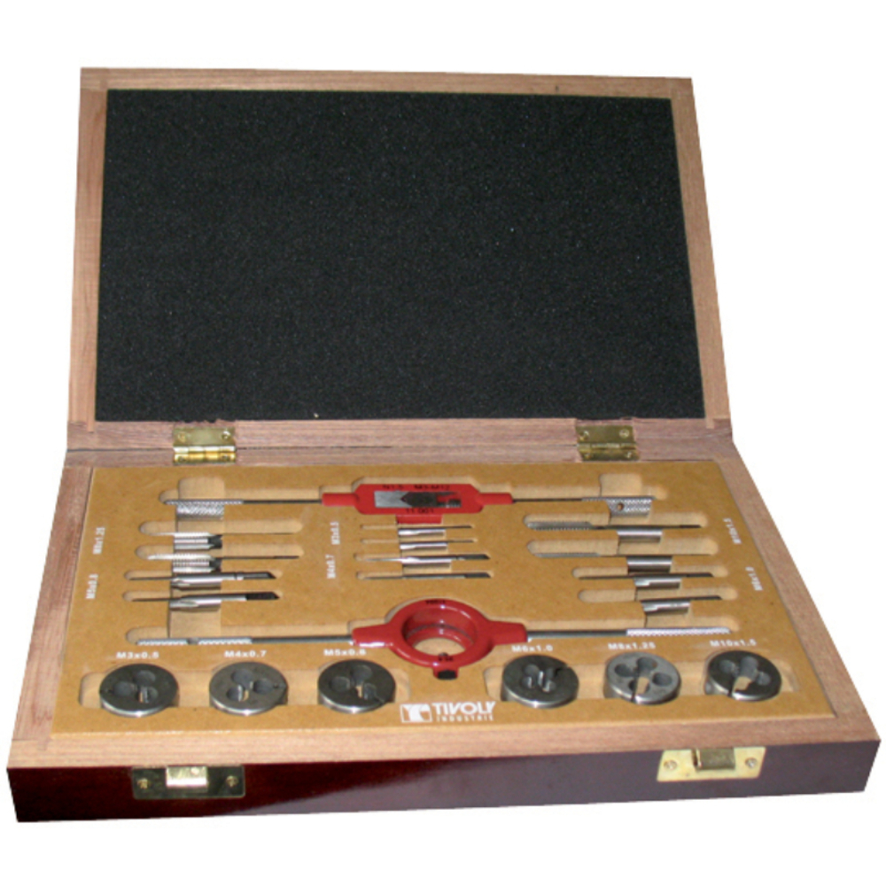 20 pièces - 6 jeux de 2 tarauds HSS DIN352 + 6 filières HSS M3 à M10 + 1 tourne à gauche N°1,5 + 1 porte-filière 25,4 TECHNIC TIVOLY - 11900870004