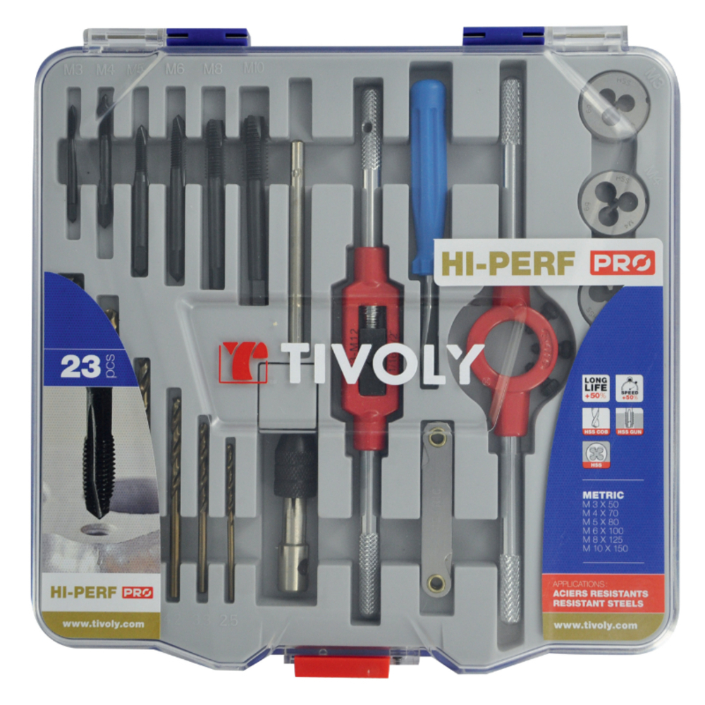 23 pièces -6 tarauds HSS + 6 filières HSS M3 à M10 + 2 tournes à gauche + 1 porte-filière 25,4 + 6 forets HSSE5 + accessoires TIVOLY - 11900870016