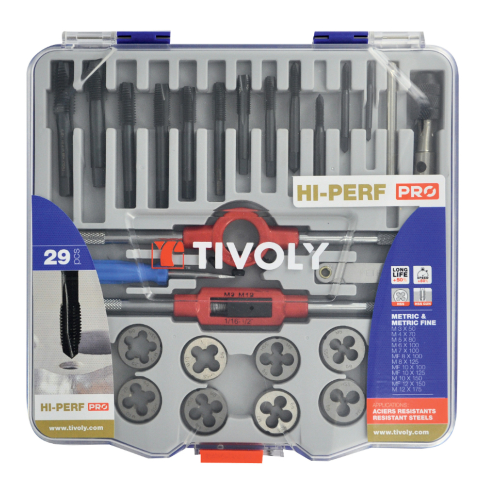 29 pièces - 12 tarauds HSS STEAM GUN DIN352 + 12 filières HSS Ø 25.4 M3 à M12 + 2 tournes à gauche + 1 porte-filière + accessoires TIVOLY - 11900870017