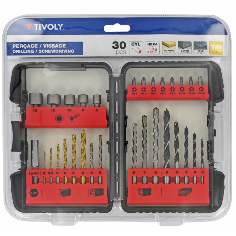 30 pièces -Coffret -Perçage Métaux / Bétons / Bois + Vissage TIVOLY - 11901170034