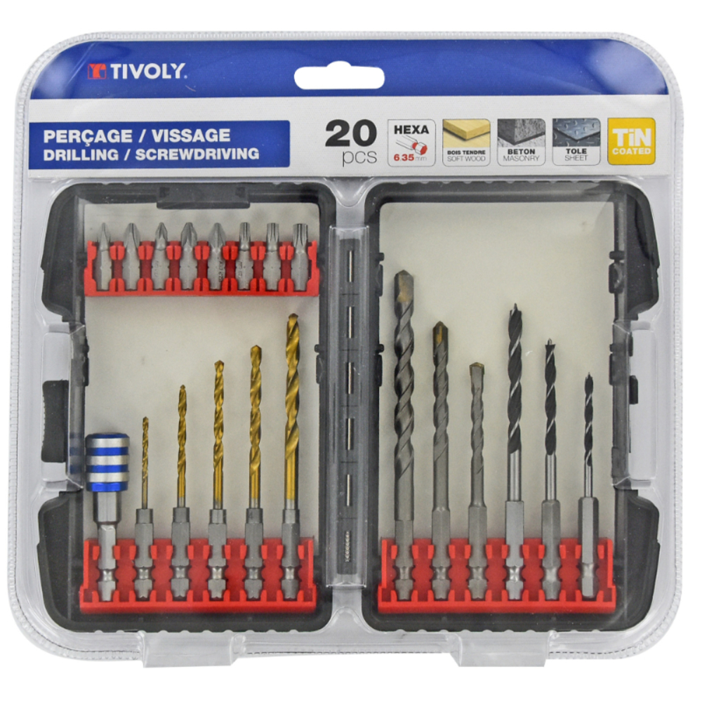 20 pièces -Coffret -Perçage Métaux / Bétons / Bois + Vissage Hexa Quick Change TIVOLY - 11901170043