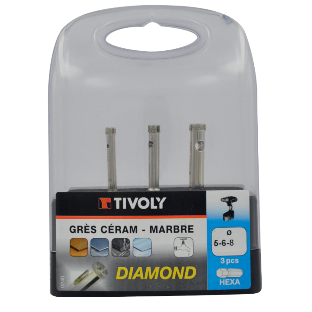 3 forets diamant Ø 5 à 8mm queue hexagonal TIVOLY - 12000540001