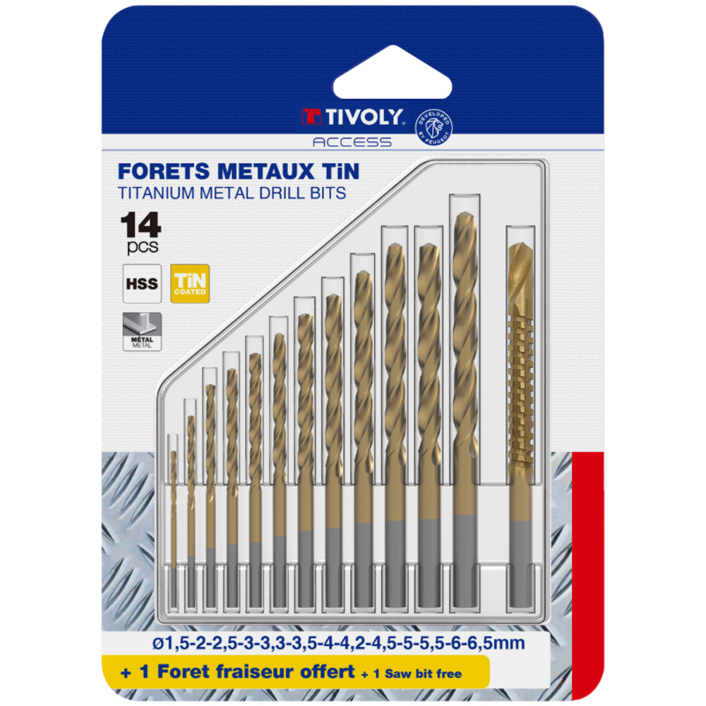 15 pièces -14 forets métaux laminés revêtus TiN Ø 1,5 à 6,5mm par 1/2 + 1 foret fraiseur TIVOLY - 50200170011