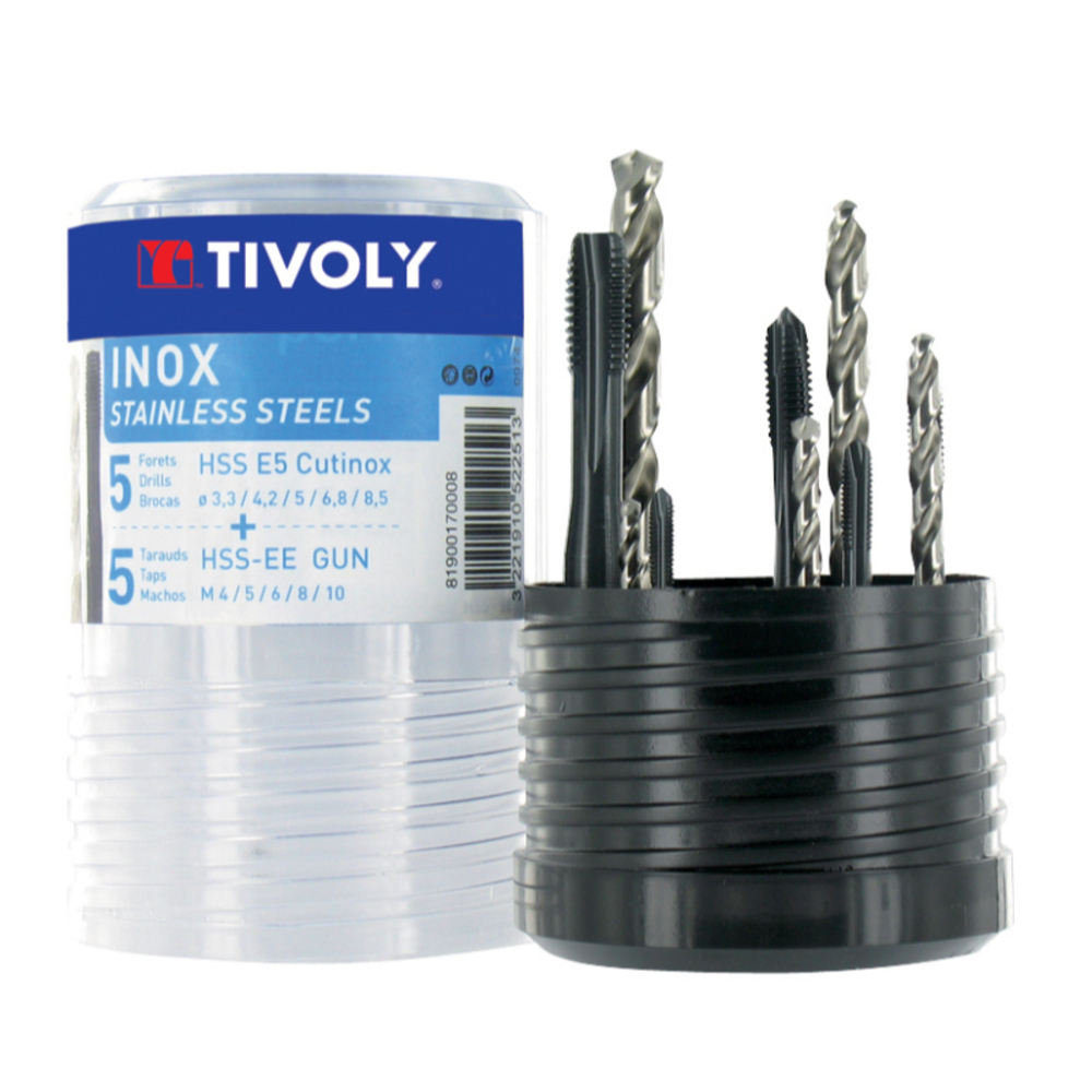 10 pièces - 5 tarauds HSSEE INOX GUN DIN371/6 M3 à M10 + 5 forets CUTINOX HSSE5% cobalt TECHNIC TIVOLY - 81900170008