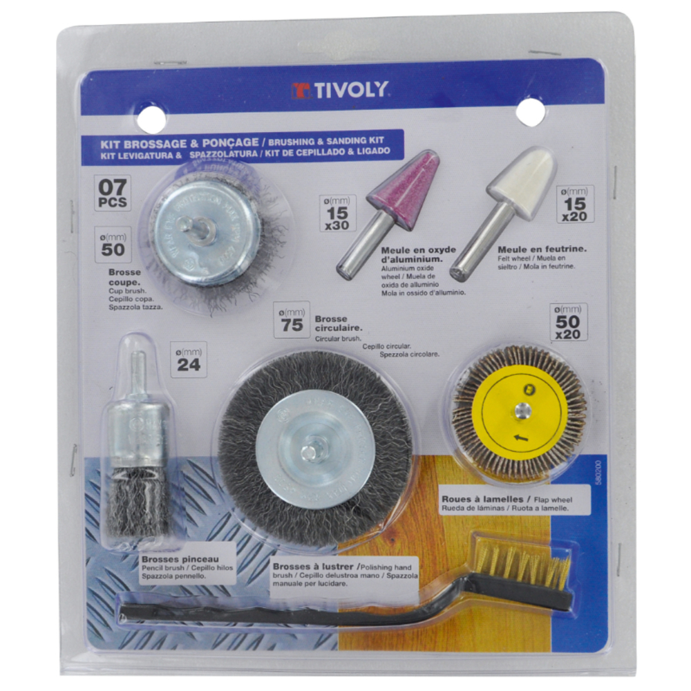 7 pièces : 4 brosses + 1 roue abrasive + 2 meules TIVOLY - XT20252580200