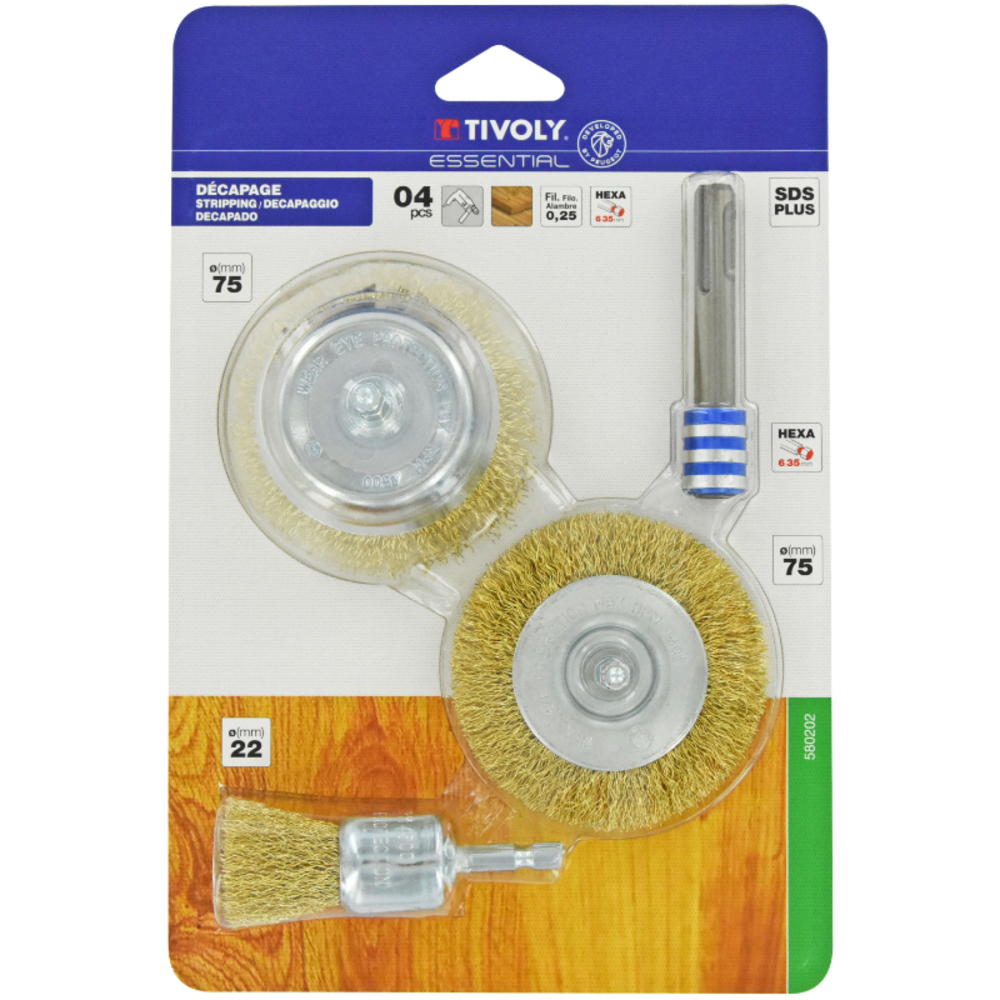4 pièces : 3 brosses pour bois + 1 adaptateur SDS+ TIVOLY - XT20252580202
