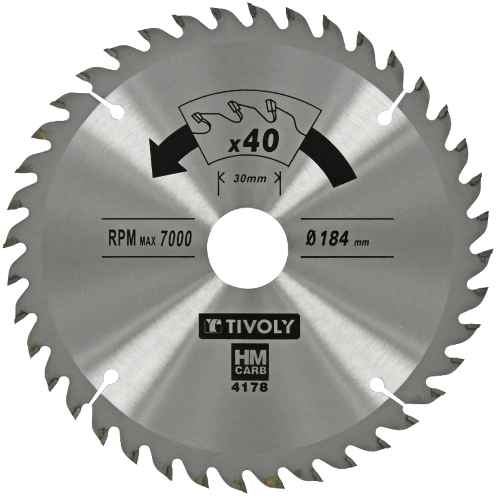 Lame de scie circulaire -Finition - Pour Bois dur, stratifié, parquet -Pour scie portative Ø: 184 x Ø2: 30 x Z: 40 TIVOLY - XT50514004178
