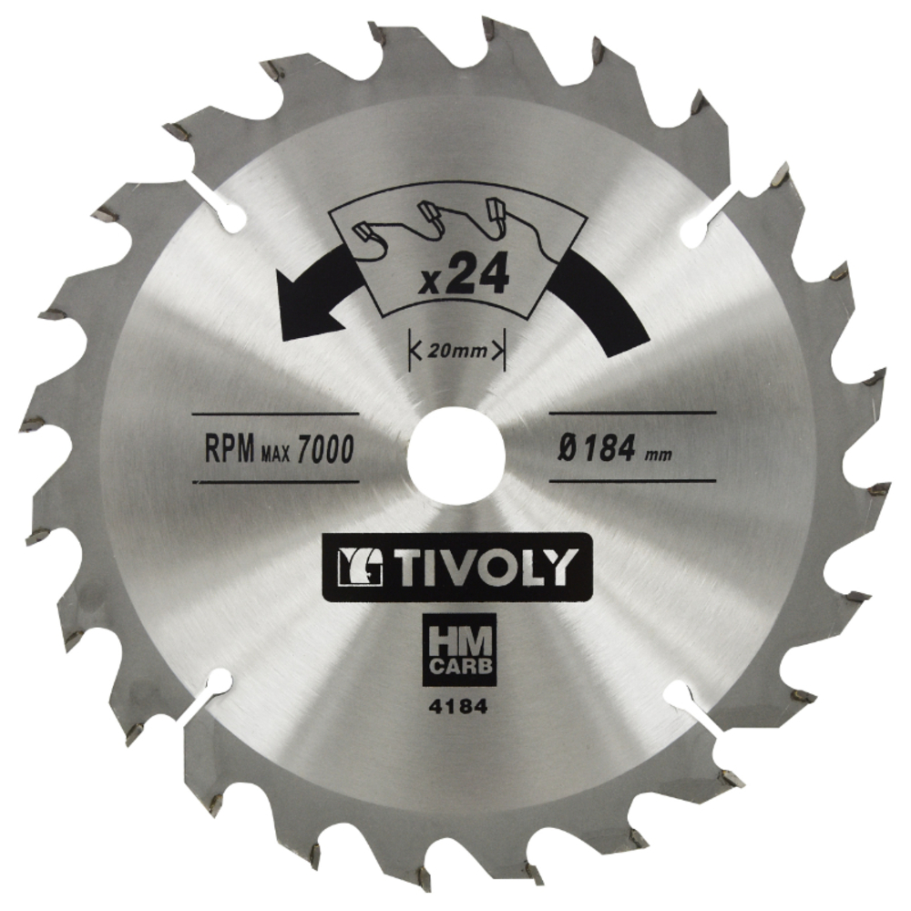 Lame de scie circulaire -Débit - Pour Bois et plâtre -Pour scie portative Ø: 184 x Ø2: 20 x Z: 24 TIVOLY - XT50514004184