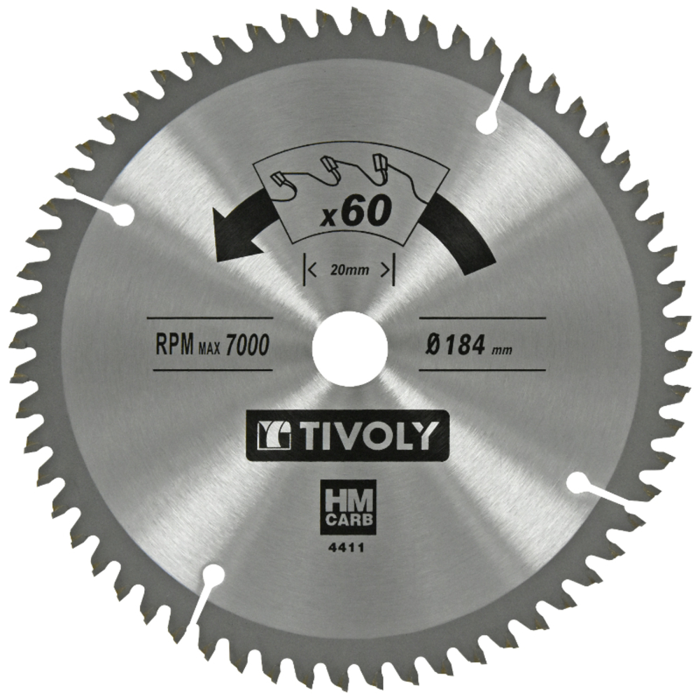 Lames de scie circulaire -Finition -Pour plastique, aluminium, bois durs -Pour scie portative Ø: 184 x Ø2: 20 x Z: 60 TIVOLY - XT50514004411