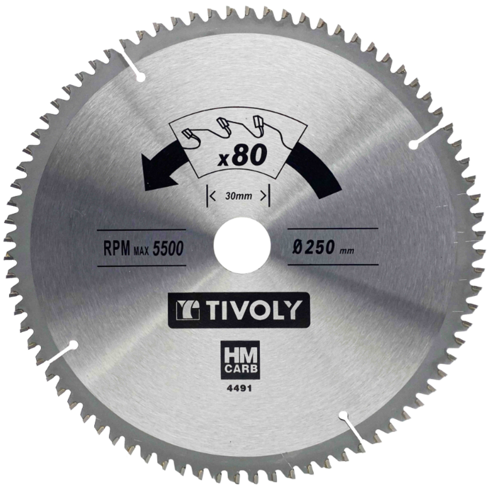 Lames de scie circulaire -Finition -Pour plastique, aluminium, Bois durs -Pour scie radiale et de table Ø: 250 x Ø2: 30 x Z: 80 TIVOLY - XT50514004491