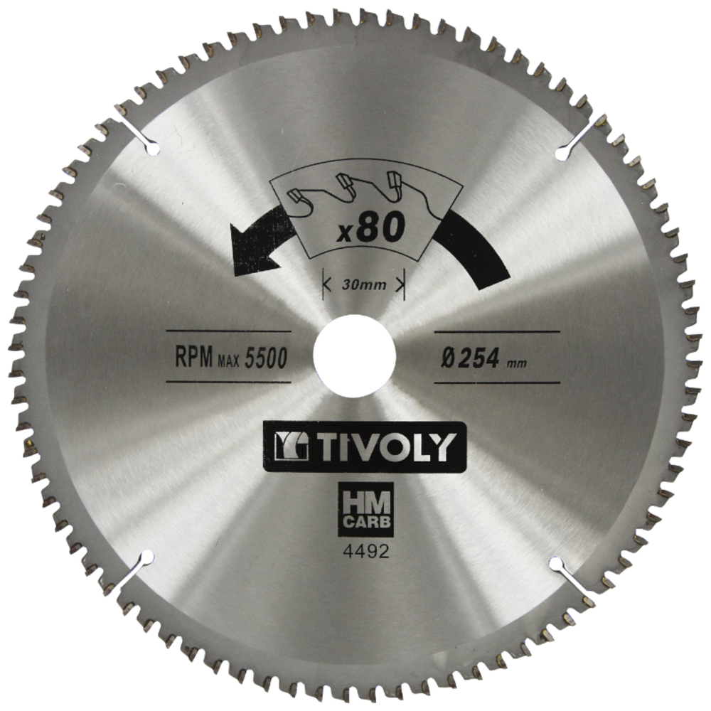 Lames de scie circulaire -Finition -Pour plastique, aluminium, Bois durs -Pour scie radiale et de table Ø: 254 x Ø2: 30 x Z: 80 TIVOLY - XT50514004492