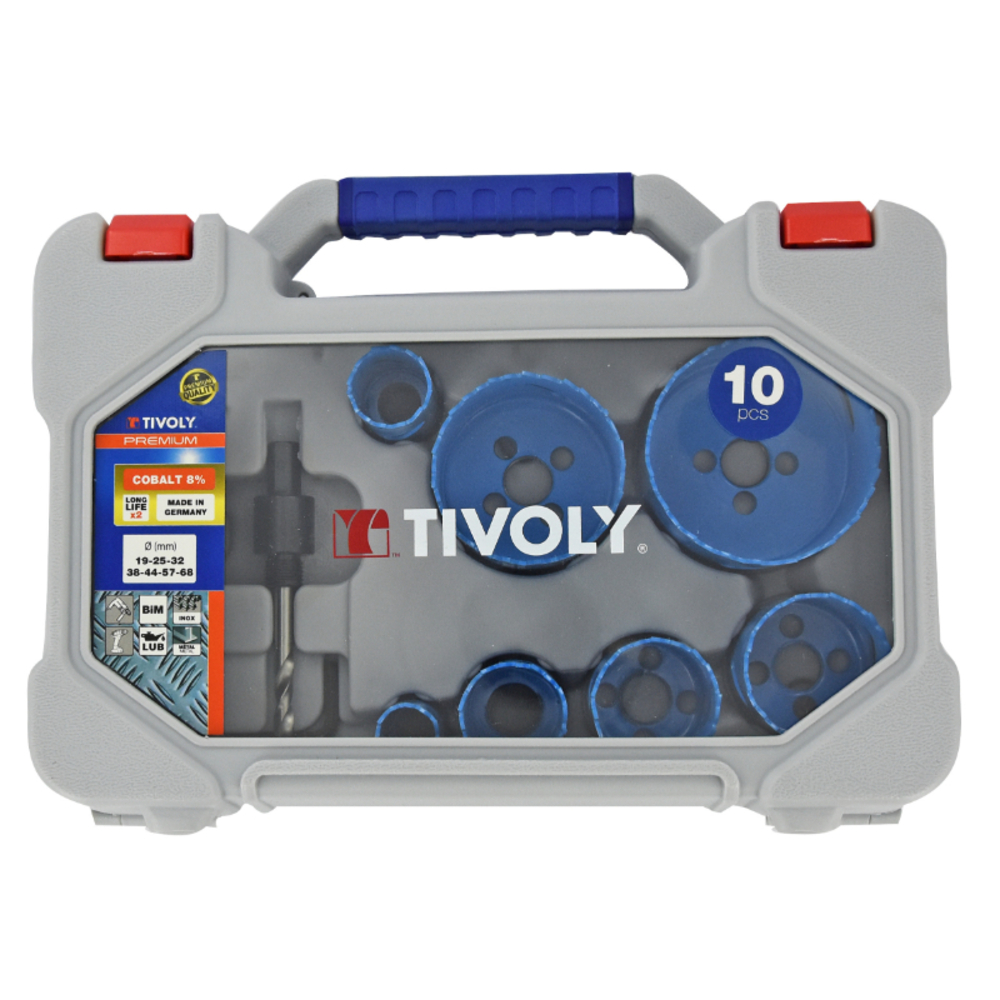 Mallette de 10 pièces - 7 scies cloches bi-métal cobalt 8% Ø 19 à 68mm + 2 pilotes + 1 clé Allen TIVOLY - XT505270002