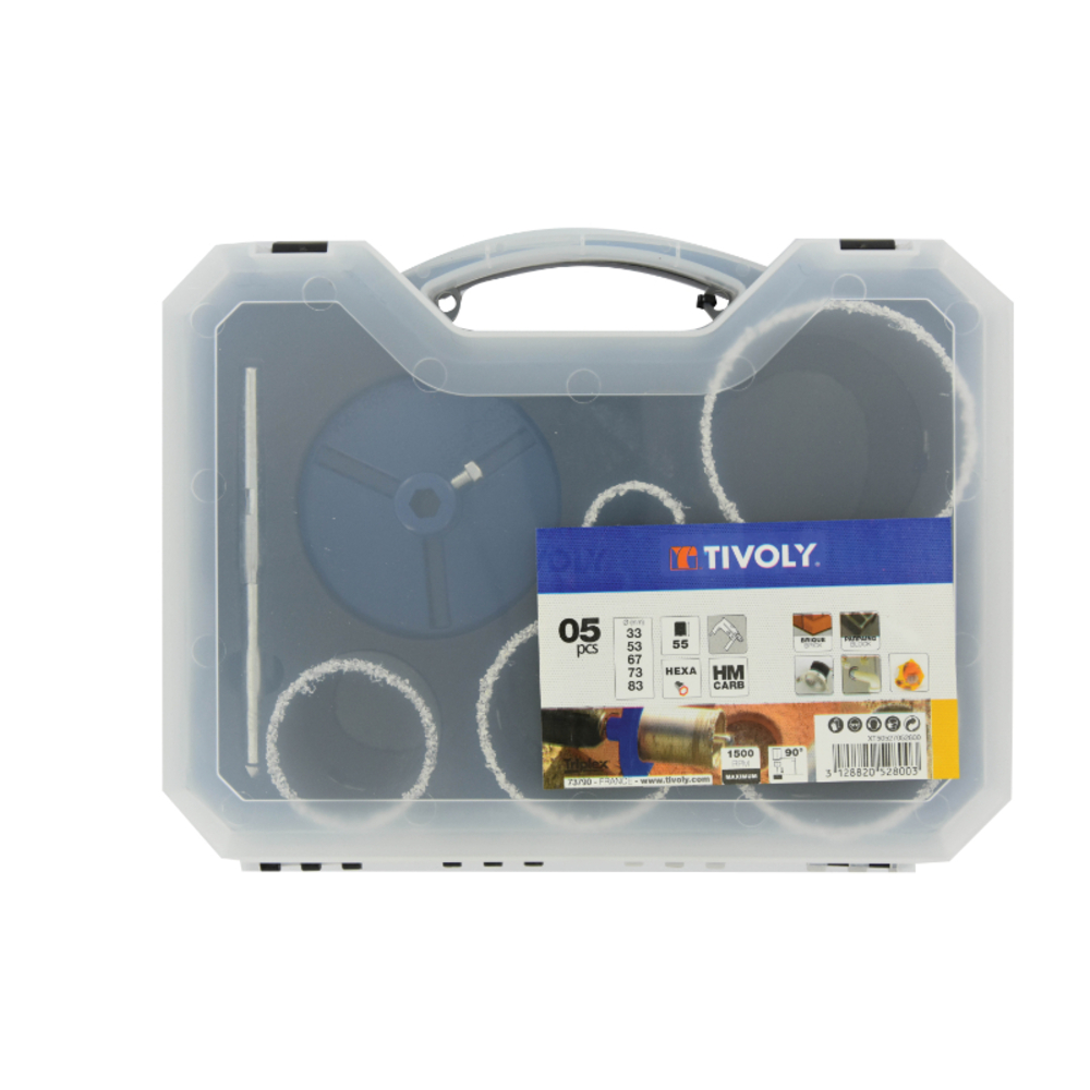Mallette de 7 pièces - 5 scies cloches à concrétion carbure HM Ø 33 à 83mm + 1 arbre + 1 embase TIVOLY - XT50527052800