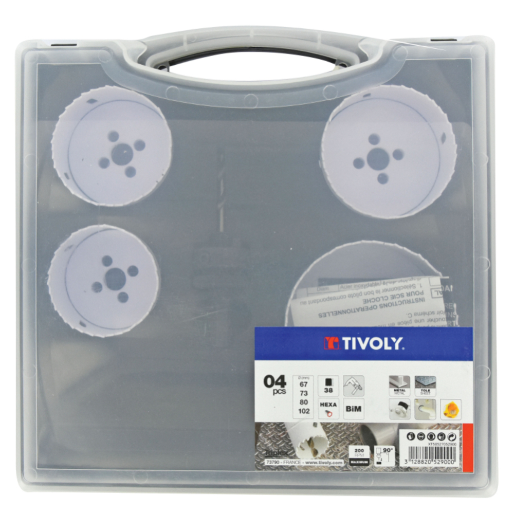Mallette de 5 pièces - 4 scies cloches bi-métal HSS Ø 67 à 102mm + 1 arbre pilote TIVOLY - XT50527052900