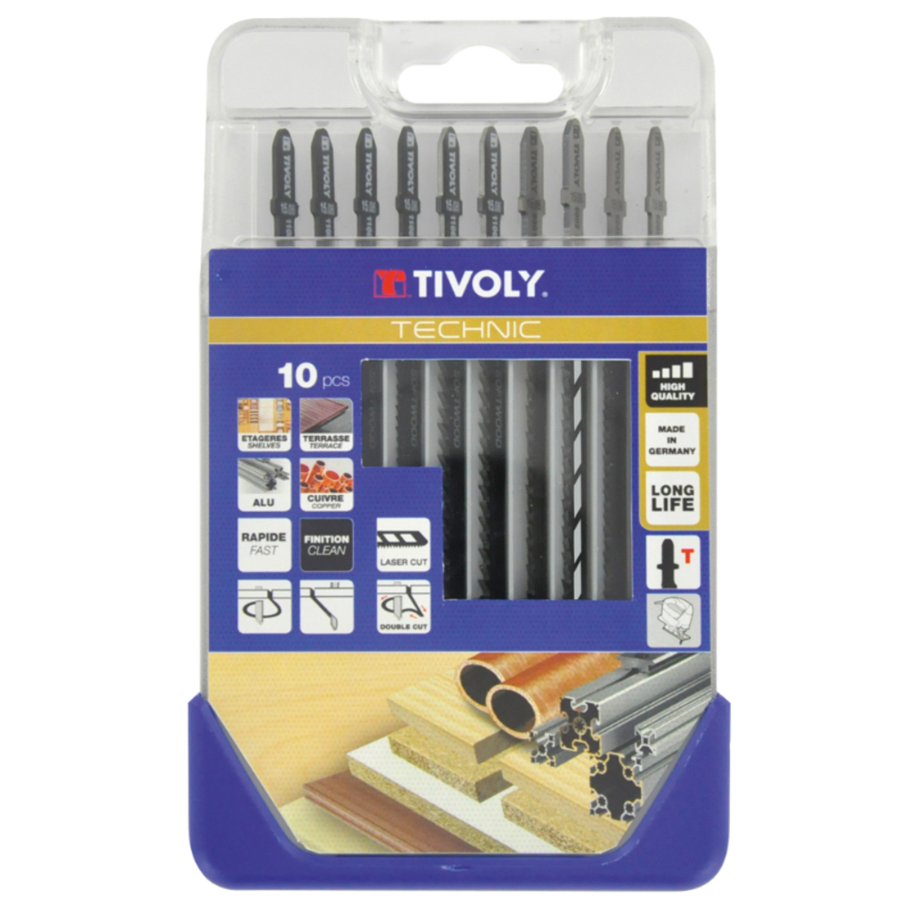 10 lames de scie sauteuse pour le bois, mélaminés et métaux non ferreux -Attache T TIVOLY - XT505570002