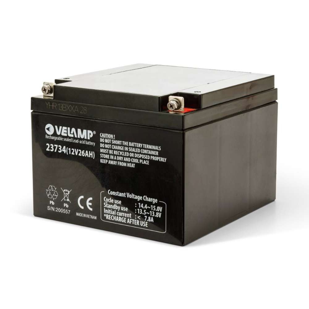 Batterie rechargeable au plomb - connexions Faston 12V 26Ah - VELAMP - 23734