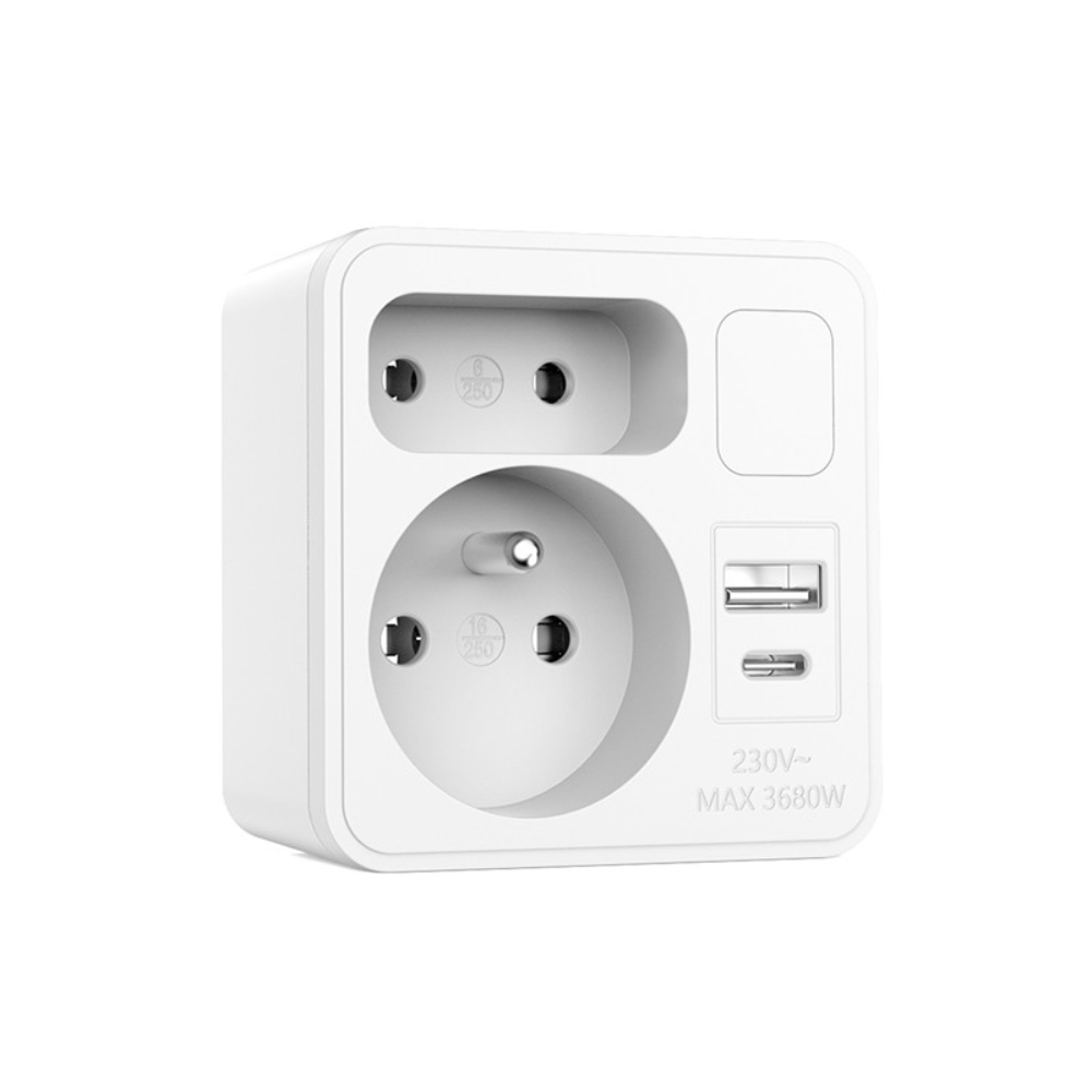 Biplite frontale 2 prises 16A + 6A - avec veilleuse et 1 prise USB-A + 1 prise USB-C - VELAMP - ADAT-FR-12