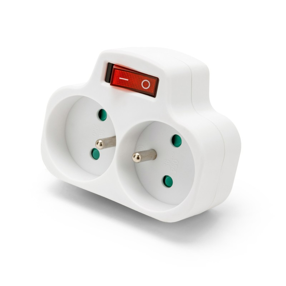 Biplite française 2 entrées 2P + T 16A avec interrupteur - VELAMP - ADAT-FR-4