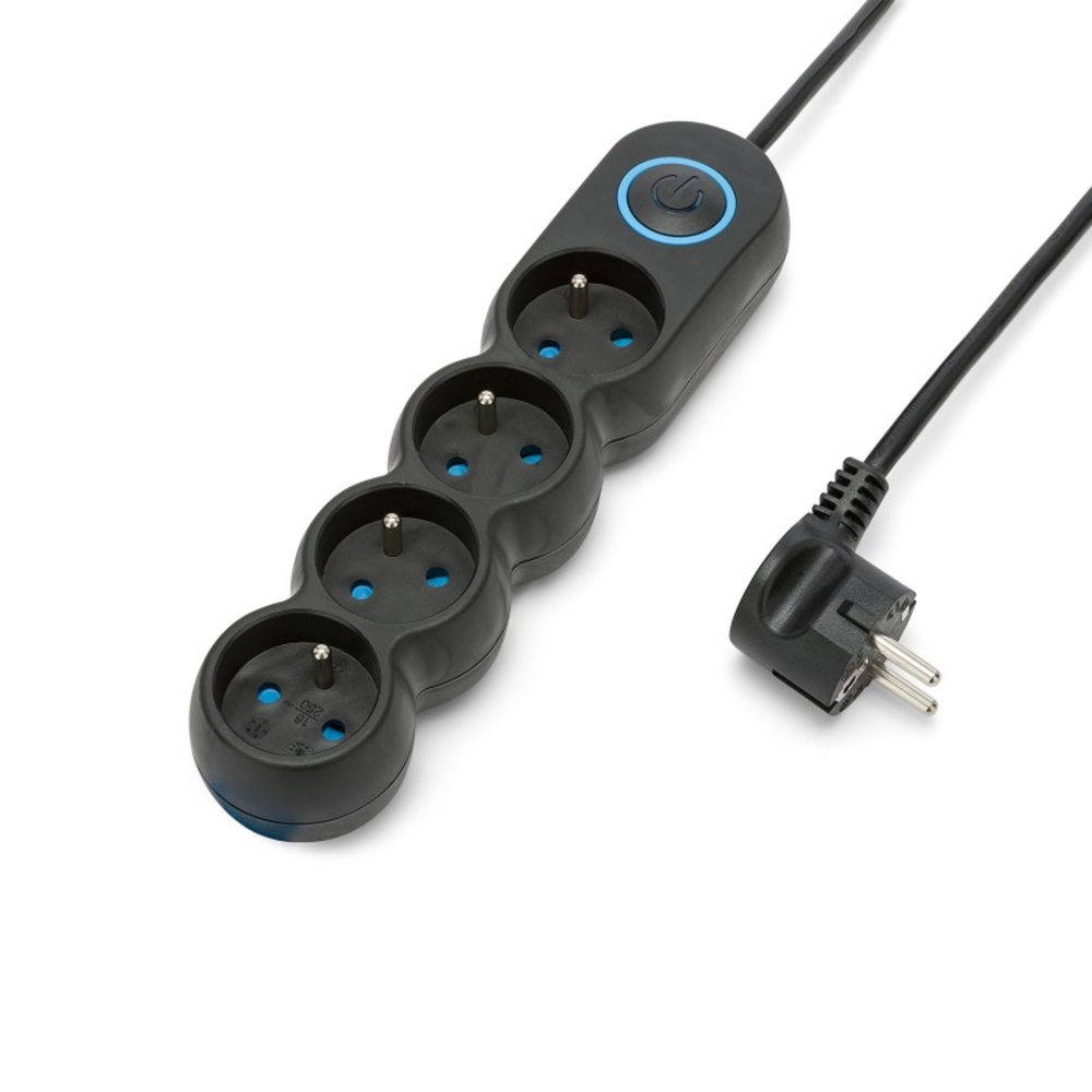 Multiprise française 4x16A avec interrupteur - câble 1,5m H05VV-F3G1.0MM2 CE & NF - VELAMP - MULTIP-FR-I-4K